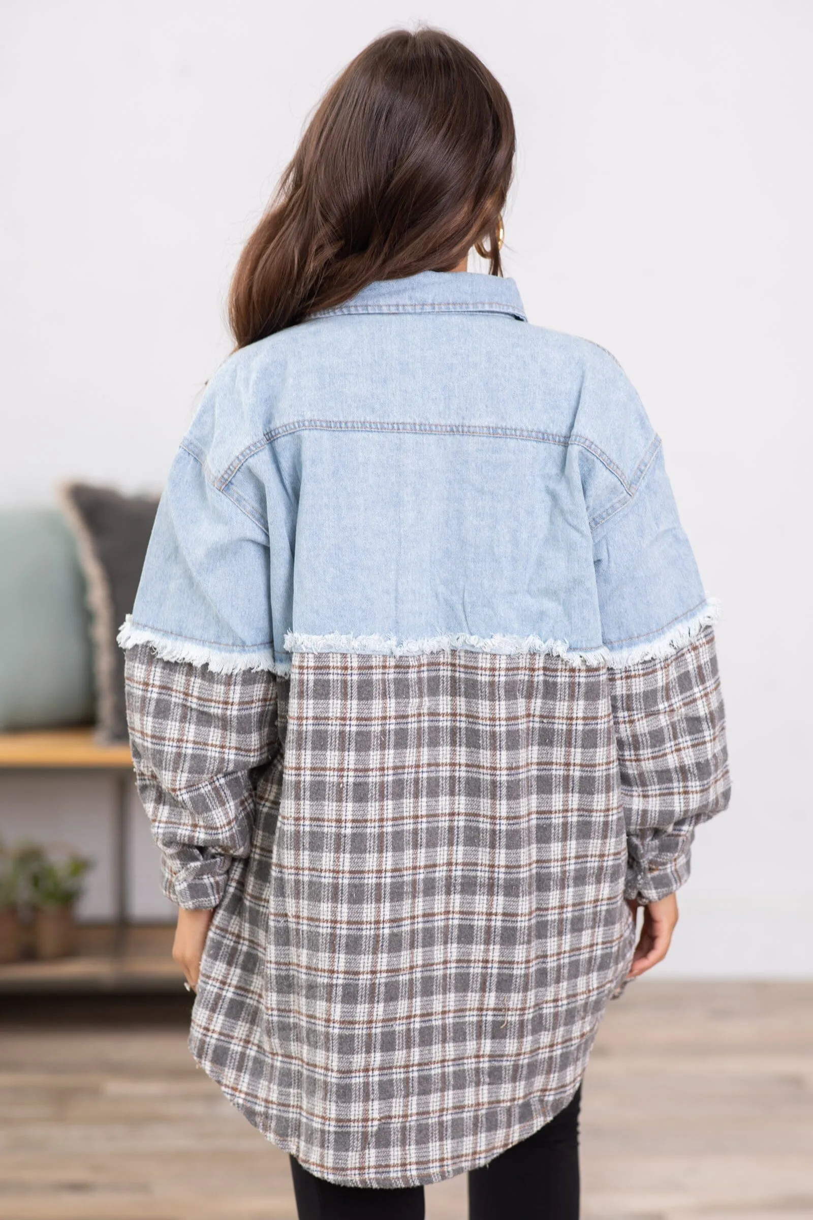 Light Wash and Charcoal Plaid Shacket