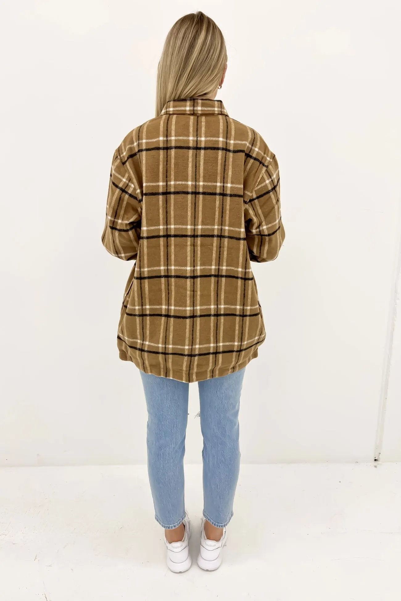 Long Check Shacket Caramel