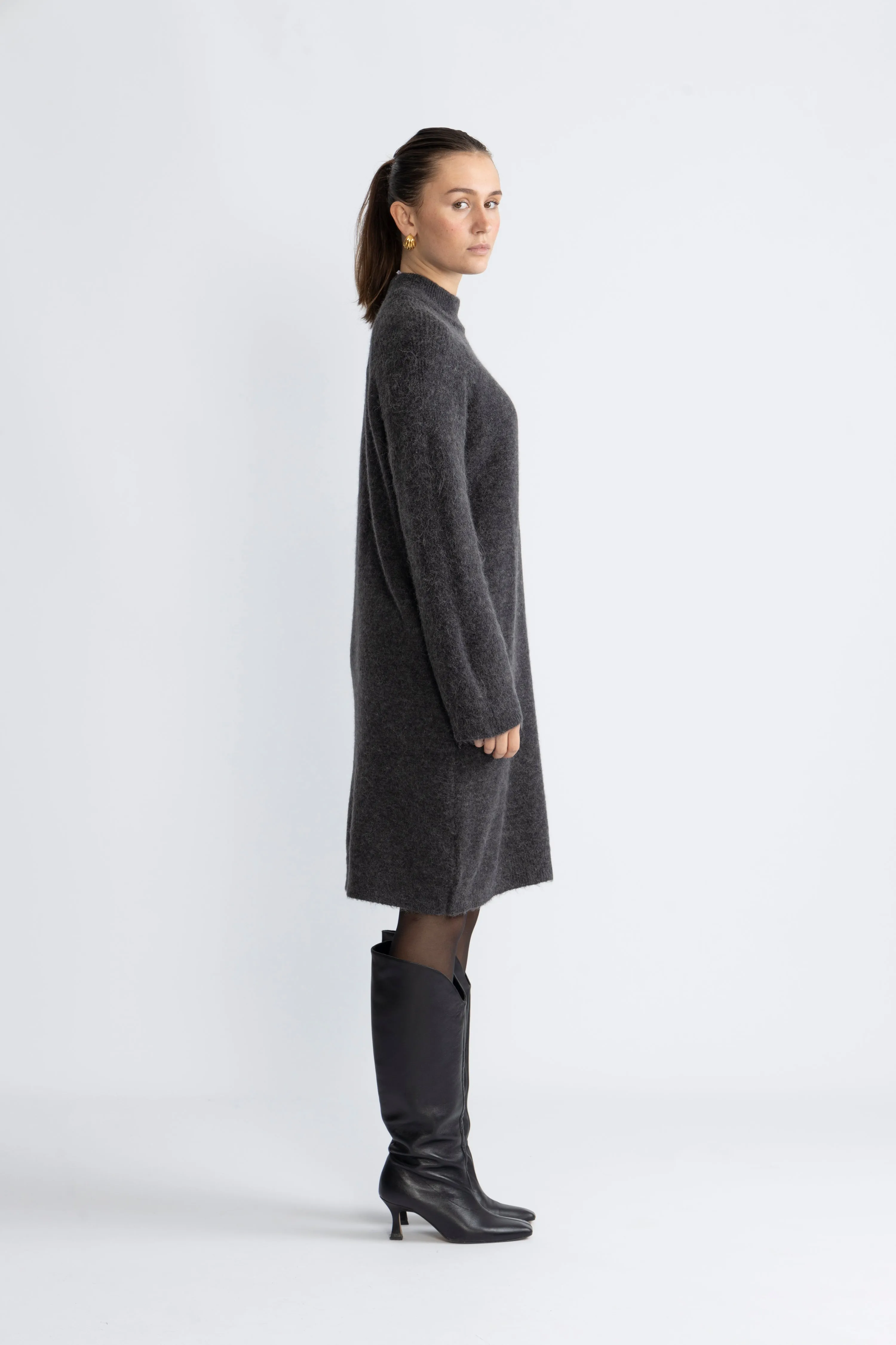 Lulu Ls High Neck Knit Dress - Volcanic Ash Melange