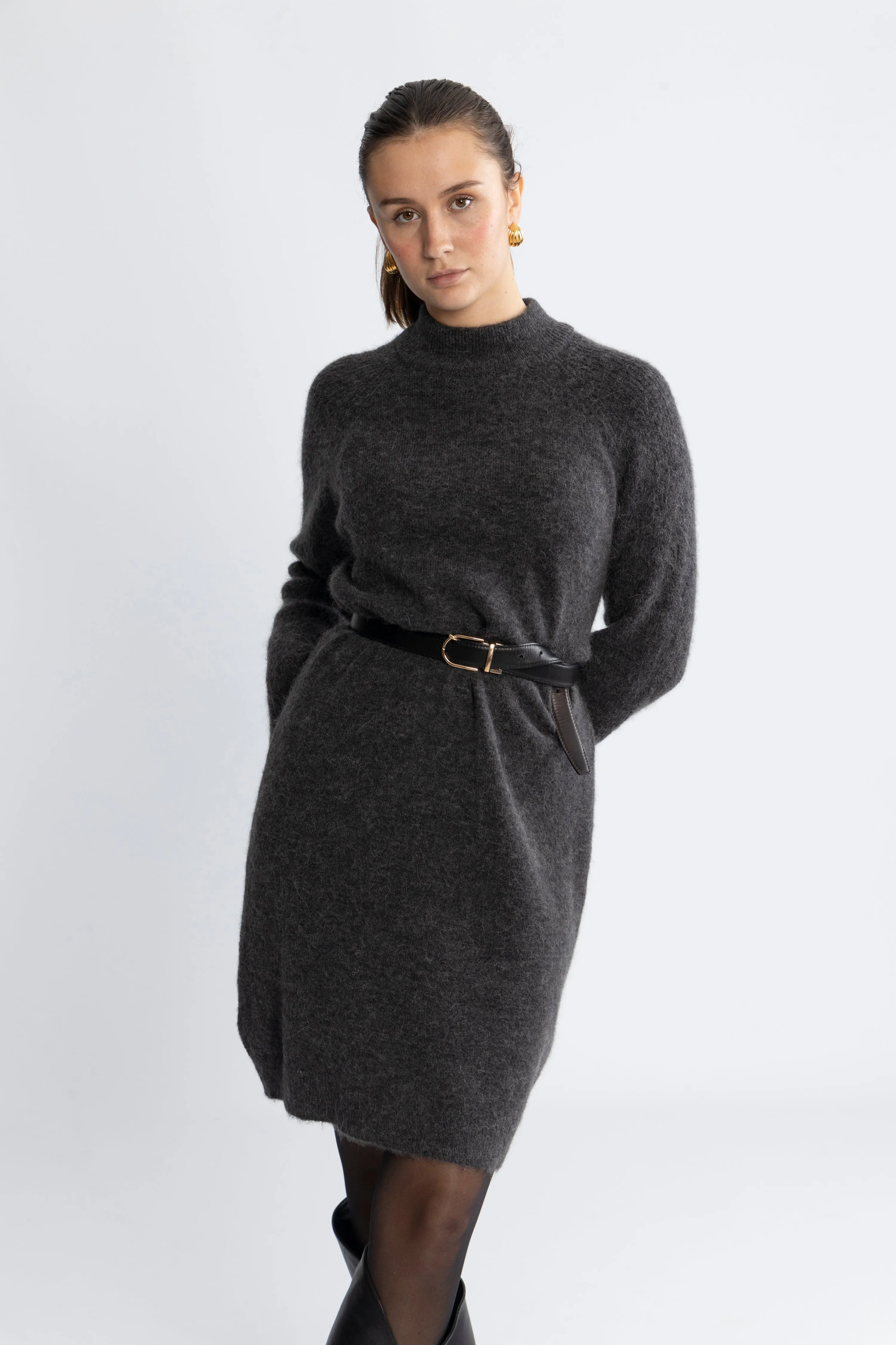 Lulu Ls High Neck Knit Dress - Volcanic Ash Melange