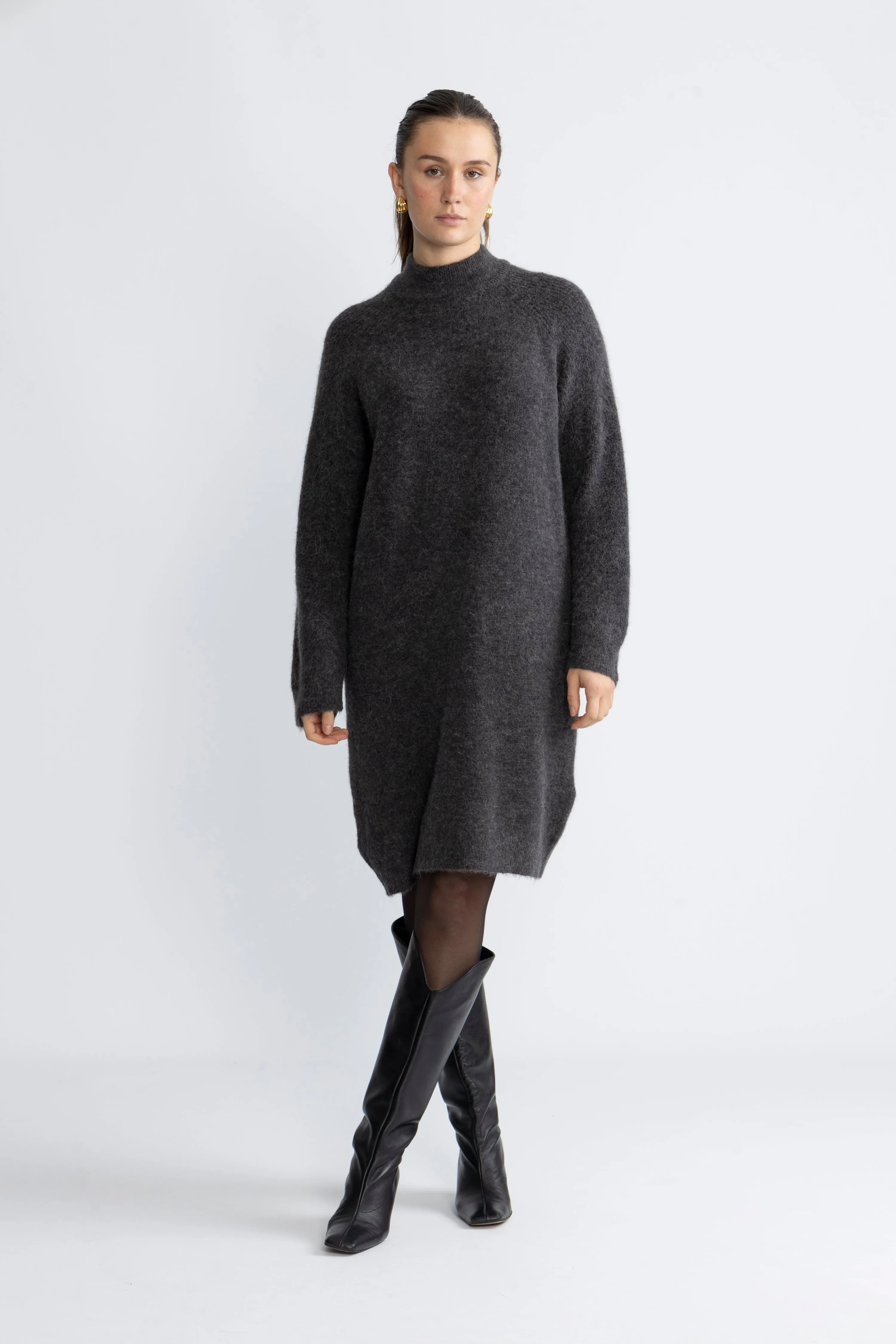 Lulu Ls High Neck Knit Dress - Volcanic Ash Melange