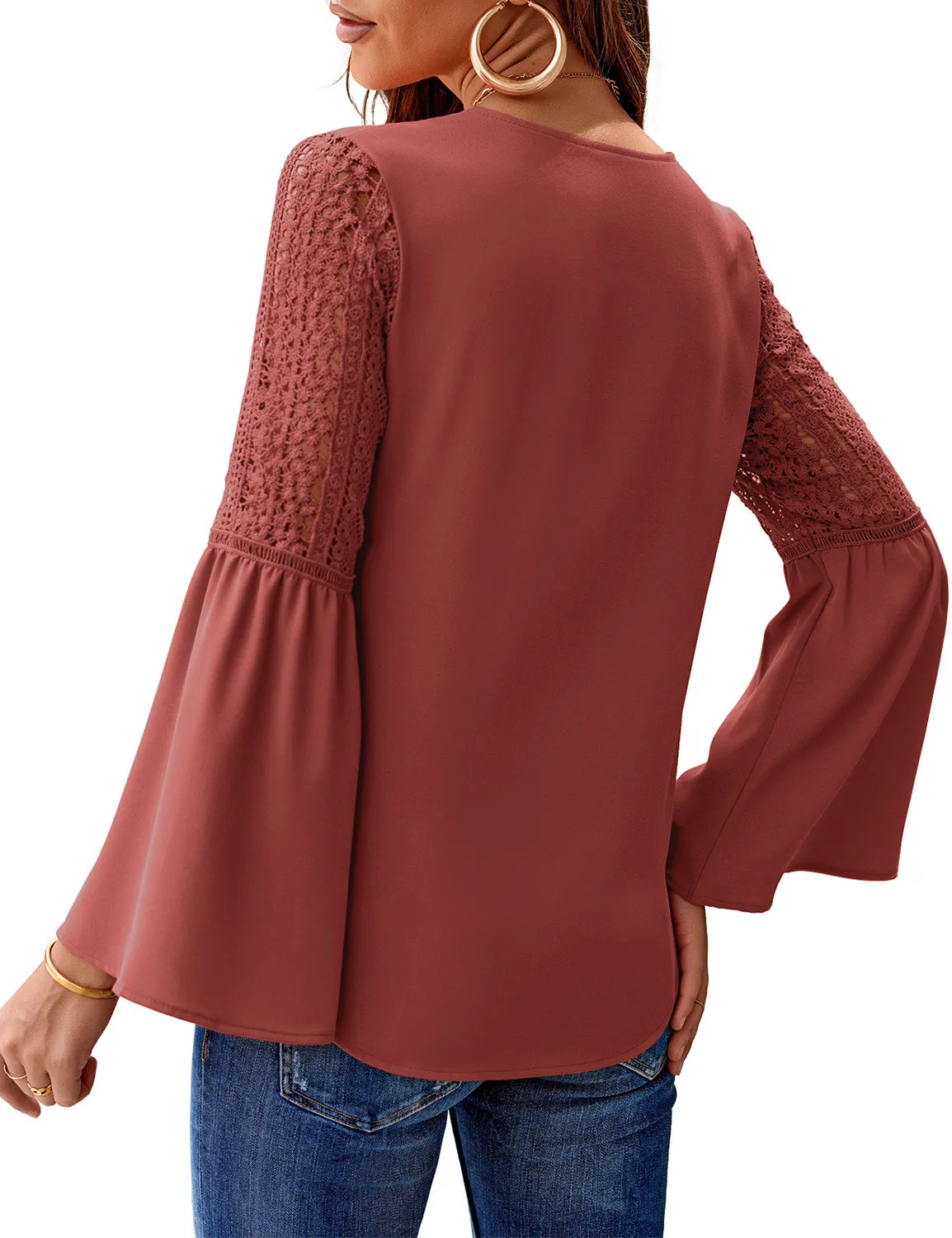 luvamia Women's Casual V Neck Blouse Lace Crochet Bell Long Sleeve Loose Shirt Tops