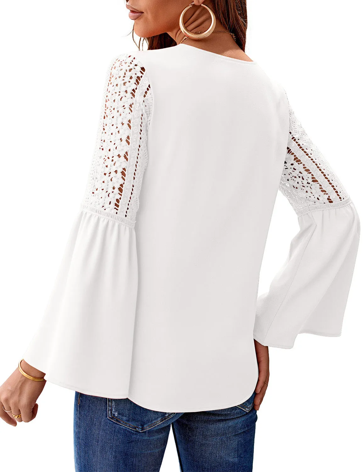 luvamia Women's Casual V Neck Blouse Lace Crochet Bell Long Sleeve Loose Shirt Tops