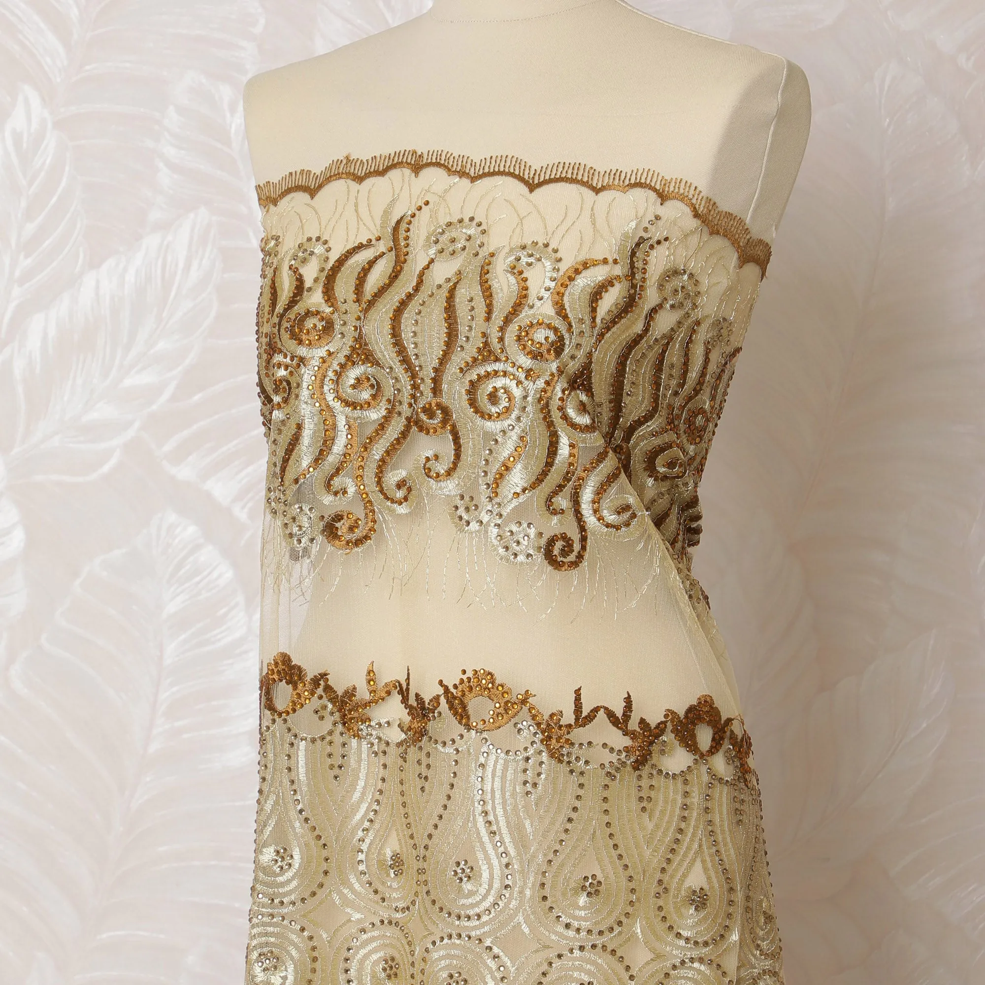 Luxurious Gold and Cream Embroidered Nylon Tulle Fabric, 140 cm Wide â€“ Elegant Swirl and Foliage Design-D19258