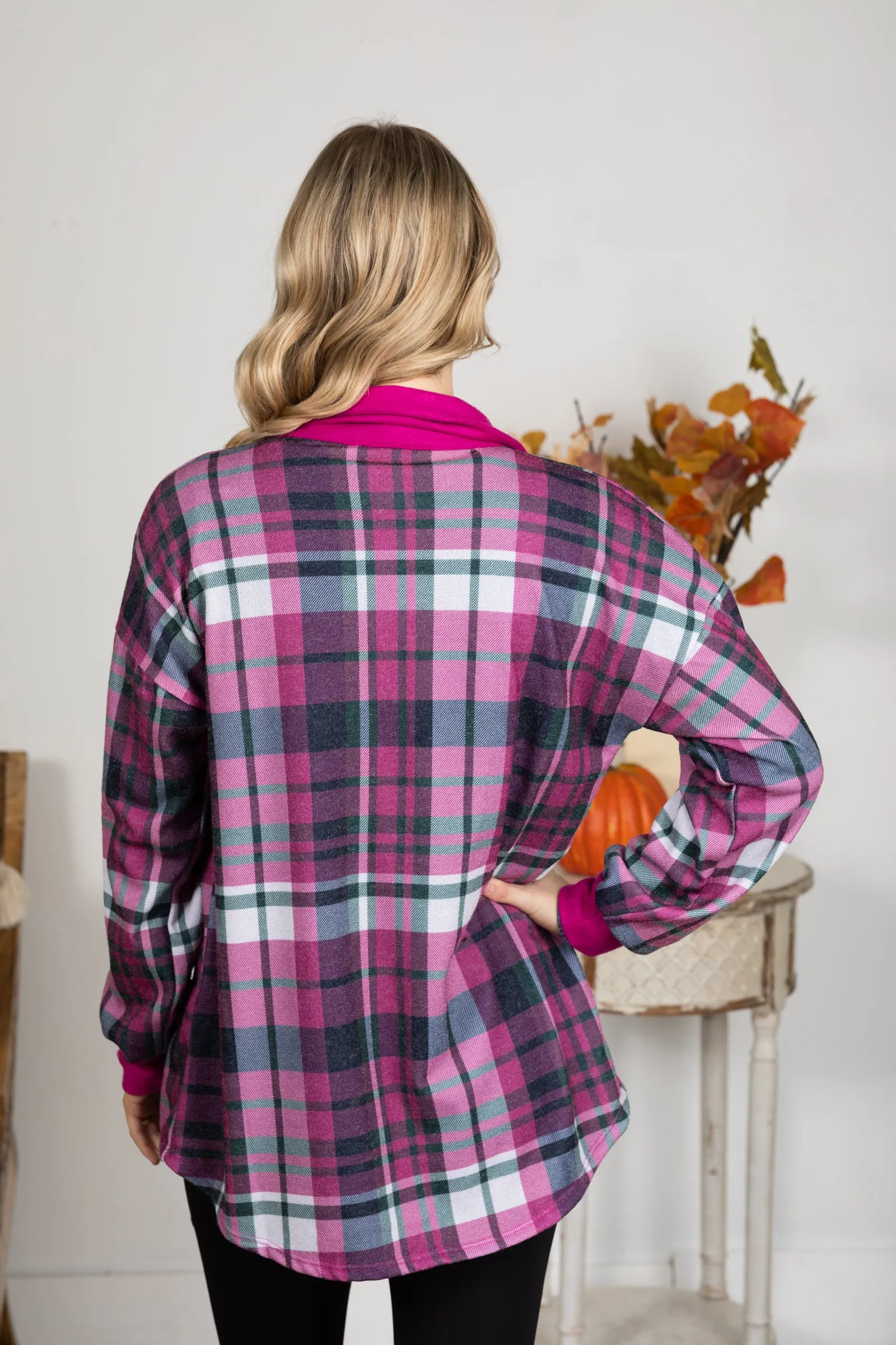 Magenta Plaid Button Down Shacket