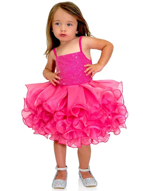 Marc Defang 5144 Size 2T Neon Pink Short Crystal Cupcake Pageant Dress Layered Ruffle Girls Baby Kids Gown