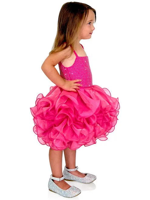 Marc Defang 5144 Size 2T Neon Pink Short Crystal Cupcake Pageant Dress Layered Ruffle Girls Baby Kids Gown