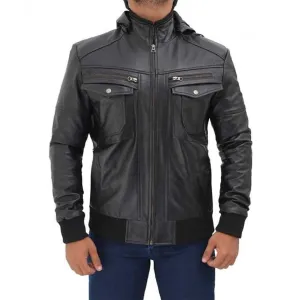 Men Black Bomber Biker Hooded Leather Jacket