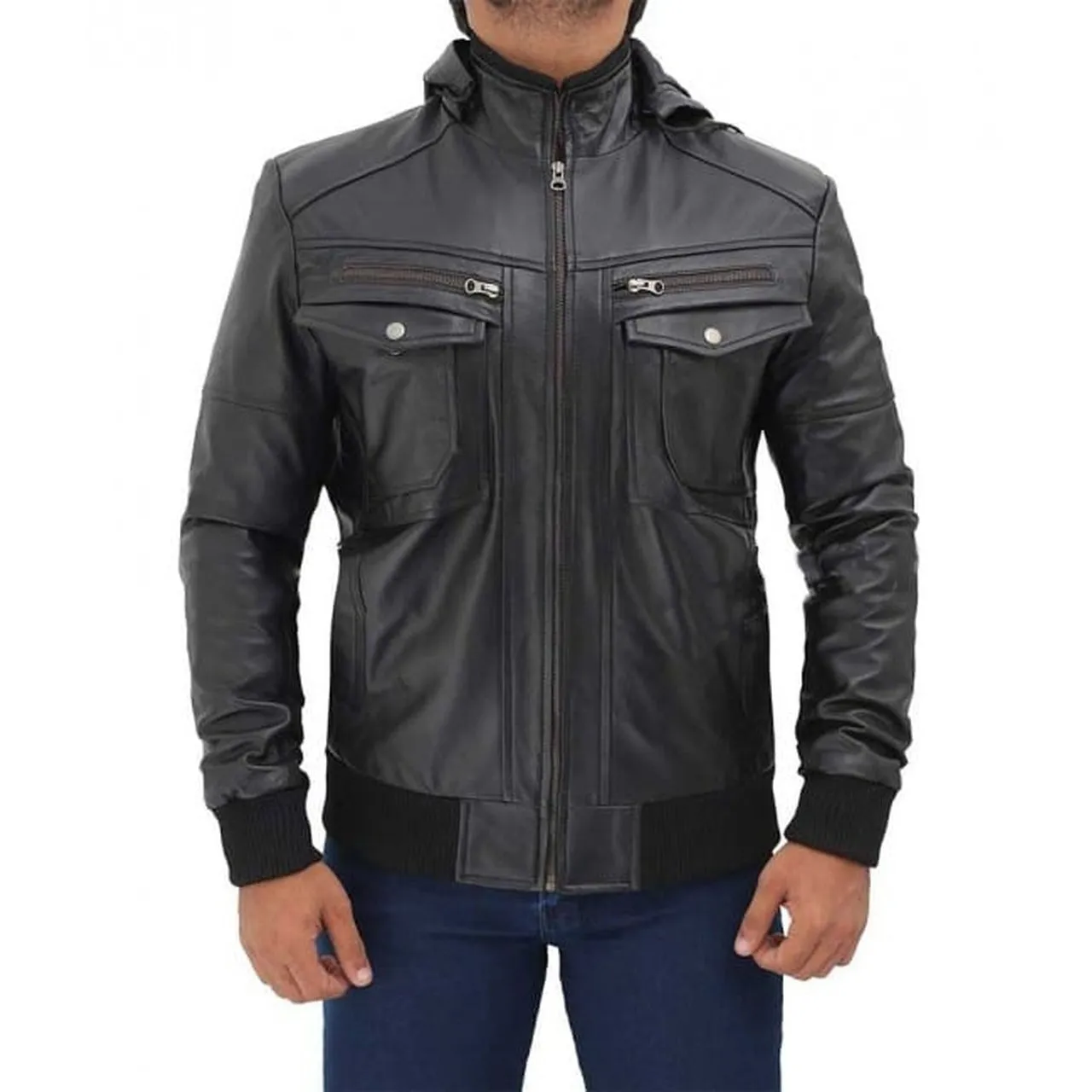 Men Black Bomber Biker Hooded Leather Jacket