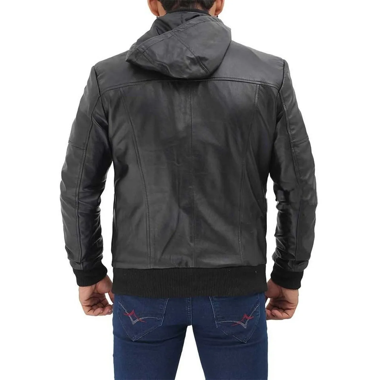 Men Black Bomber Biker Hooded Leather Jacket