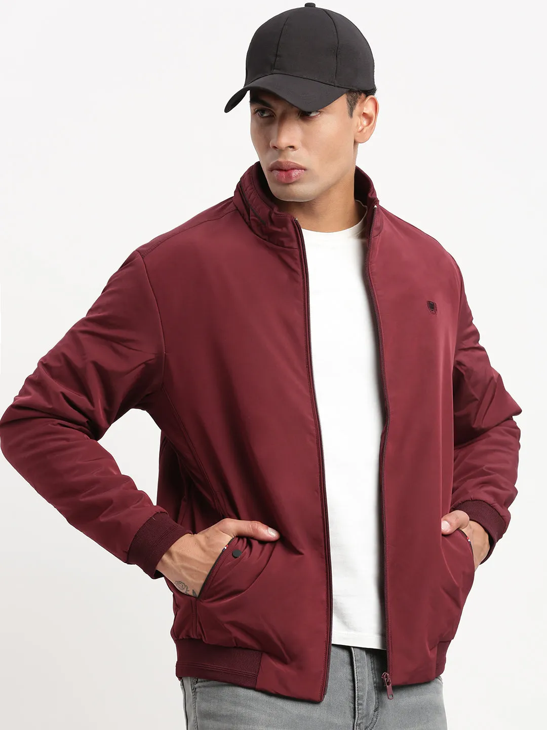 Men Mock Collar Maroon Solid Bomber Jacket