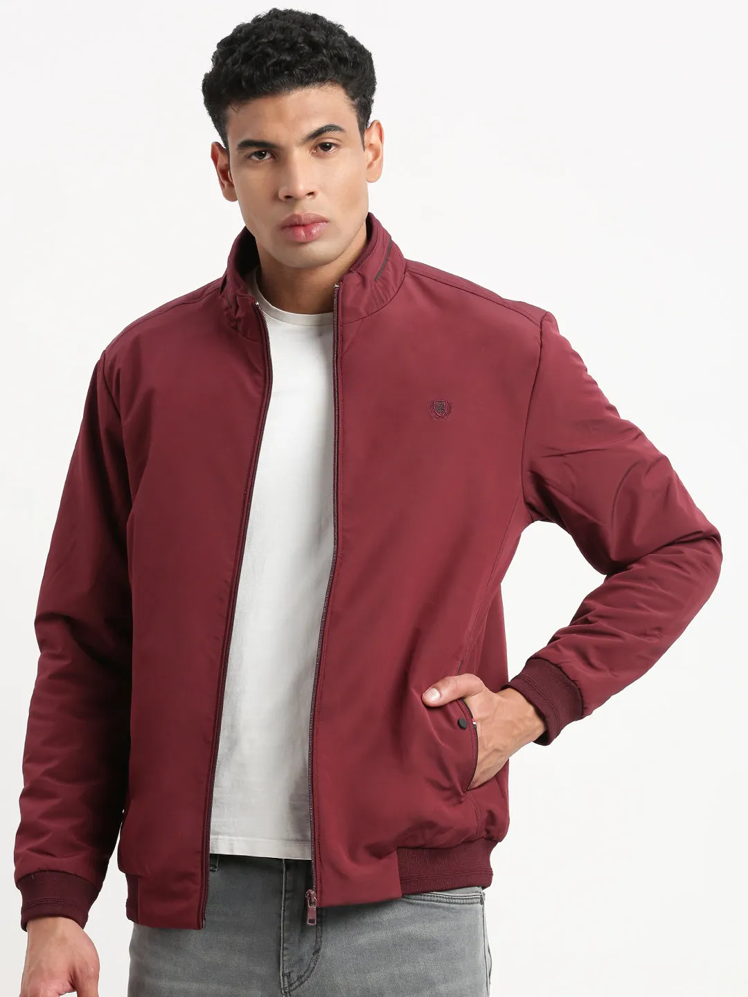 Men Mock Collar Maroon Solid Bomber Jacket