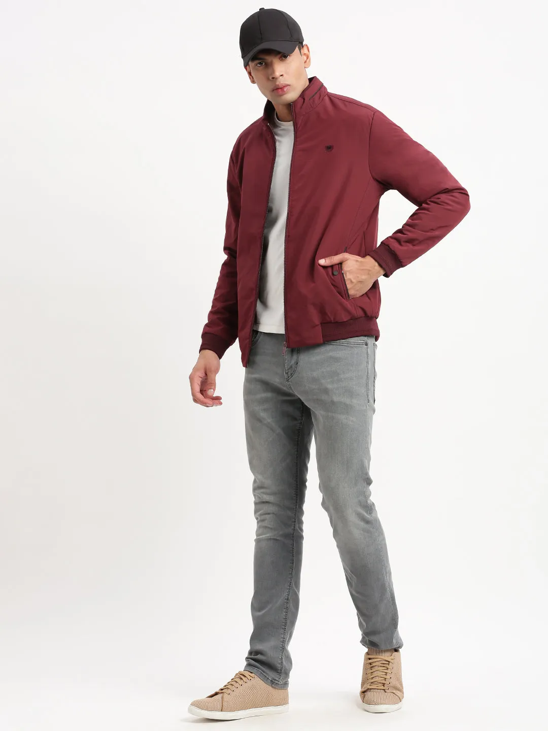 Men Mock Collar Maroon Solid Bomber Jacket