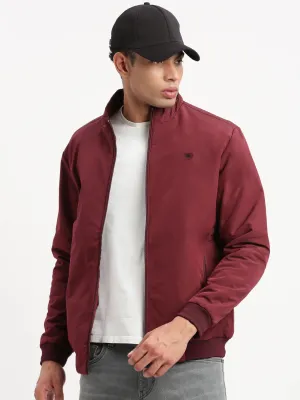 Men Mock Collar Maroon Solid Bomber Jacket