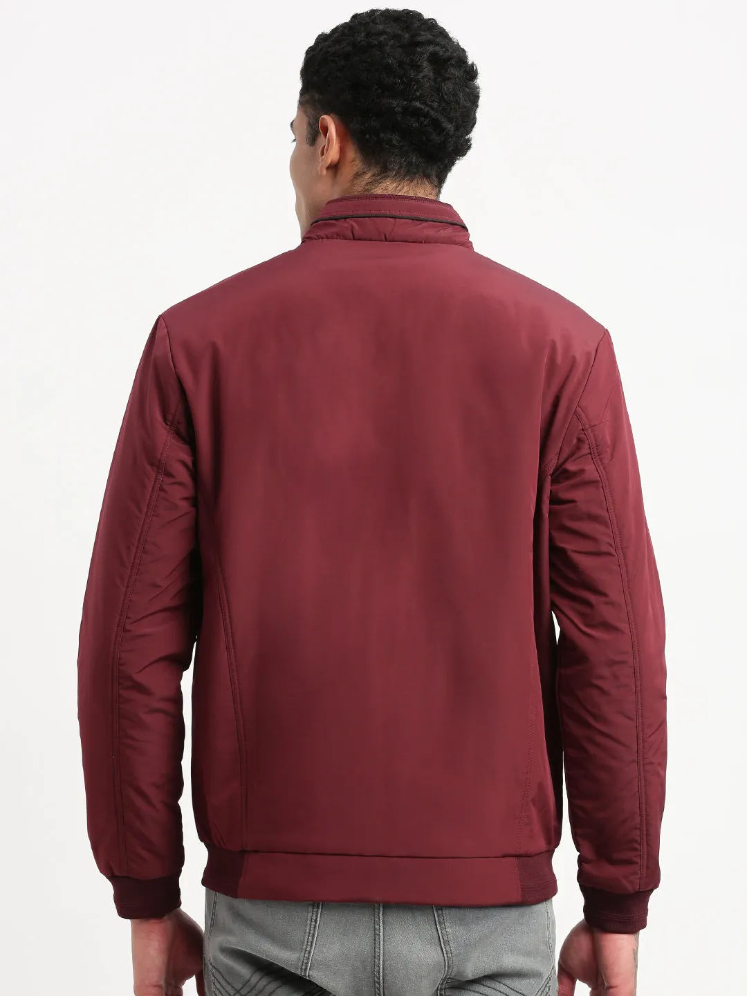 Men Mock Collar Maroon Solid Bomber Jacket