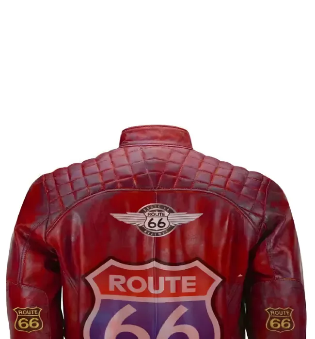 Men Red Vintage Biker Motorcycle Distressed Route 66 Leather Jacket