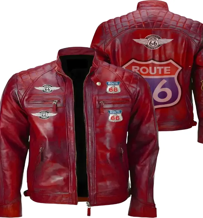 Men Red Vintage Biker Motorcycle Distressed Route 66 Leather Jacket