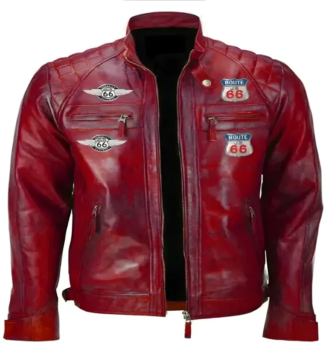 Men Red Vintage Biker Motorcycle Distressed Route 66 Leather Jacket