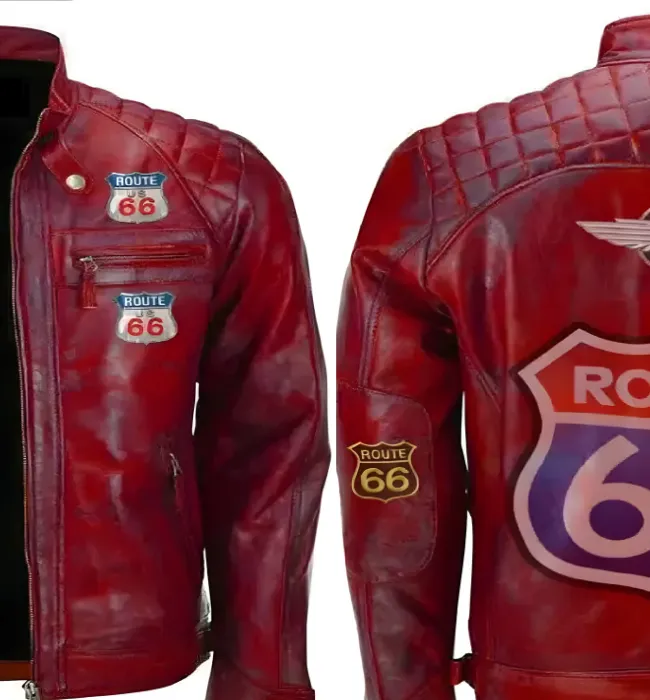 Men Red Vintage Biker Motorcycle Distressed Route 66 Leather Jacket