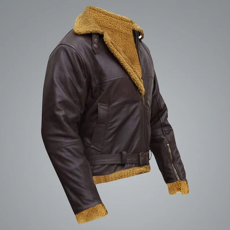 Men's B3 Flying Aviator Winter Brown Sheepskin Shearling Bomber Leather Jacket