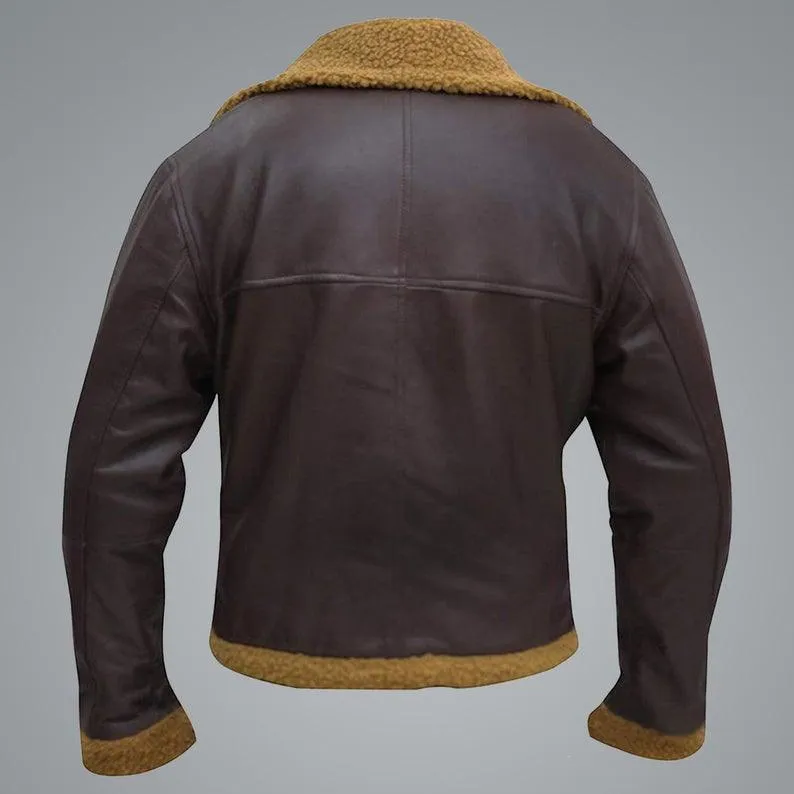 Men's B3 Flying Aviator Winter Brown Sheepskin Shearling Bomber Leather Jacket