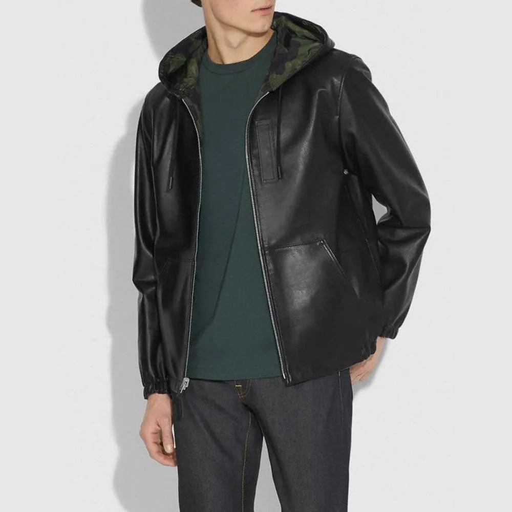 Men's Black Hooded Sheepskin Bomber Jacket