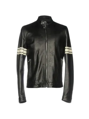 Men's Black Leather Jacket with White Stripes