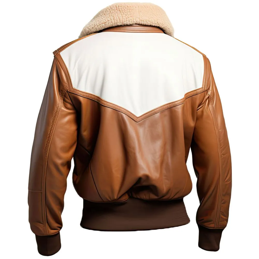 Men's Brown White Panels Aviator Bomber Pure Sheepskin Leather Jacket