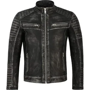 Mens Cafe Racer Distressed Black Biker Leather Jacket