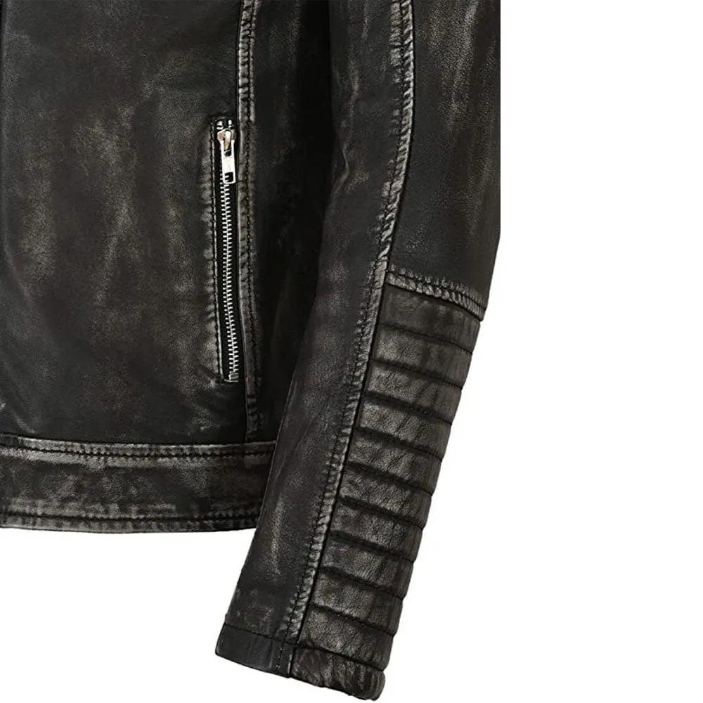 Mens Cafe Racer Distressed Black Biker Leather Jacket