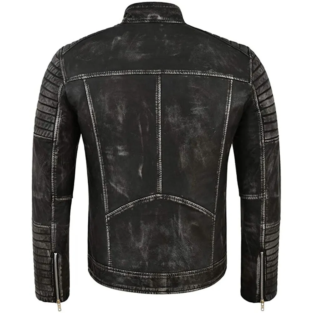 Mens Cafe Racer Distressed Black Biker Leather Jacket