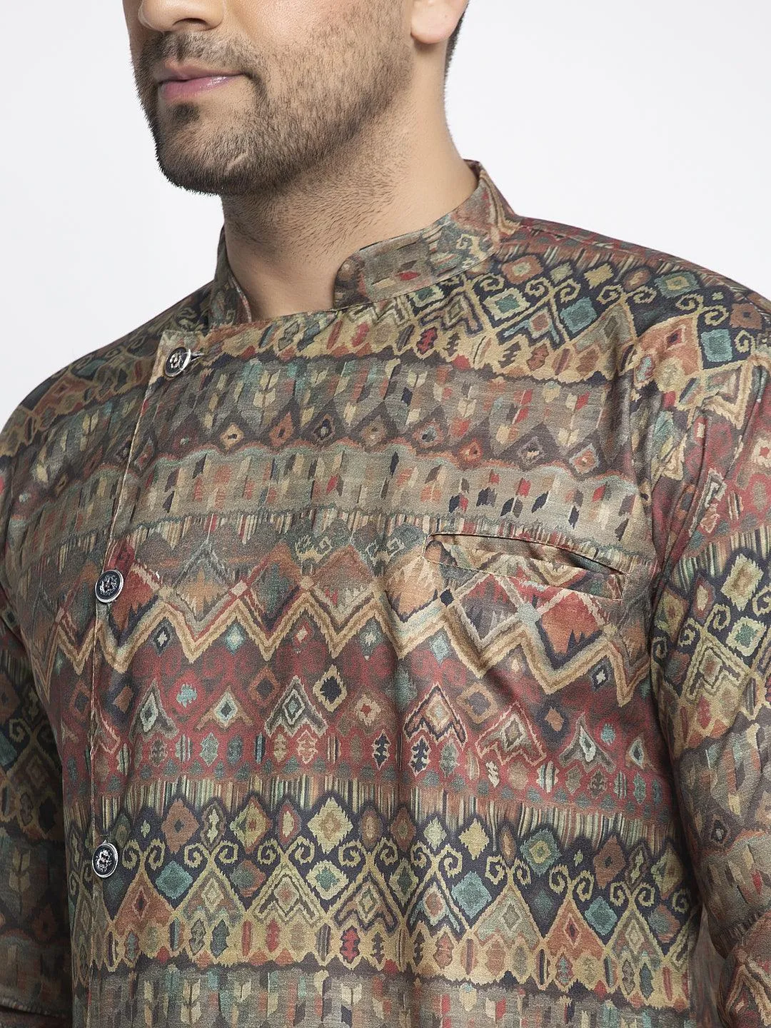 Men's Multicolored Printed Short Kurta With White Pyjama - Benstoke