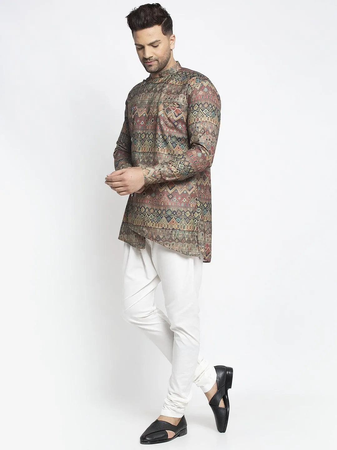 Men's Multicolored Printed Short Kurta With White Pyjama - Benstoke