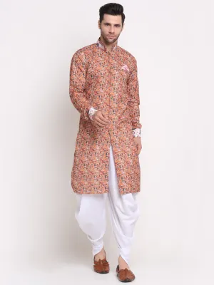 Men's Orange & Multi Printed Kurta With White Dhoti Pant - Benstoke