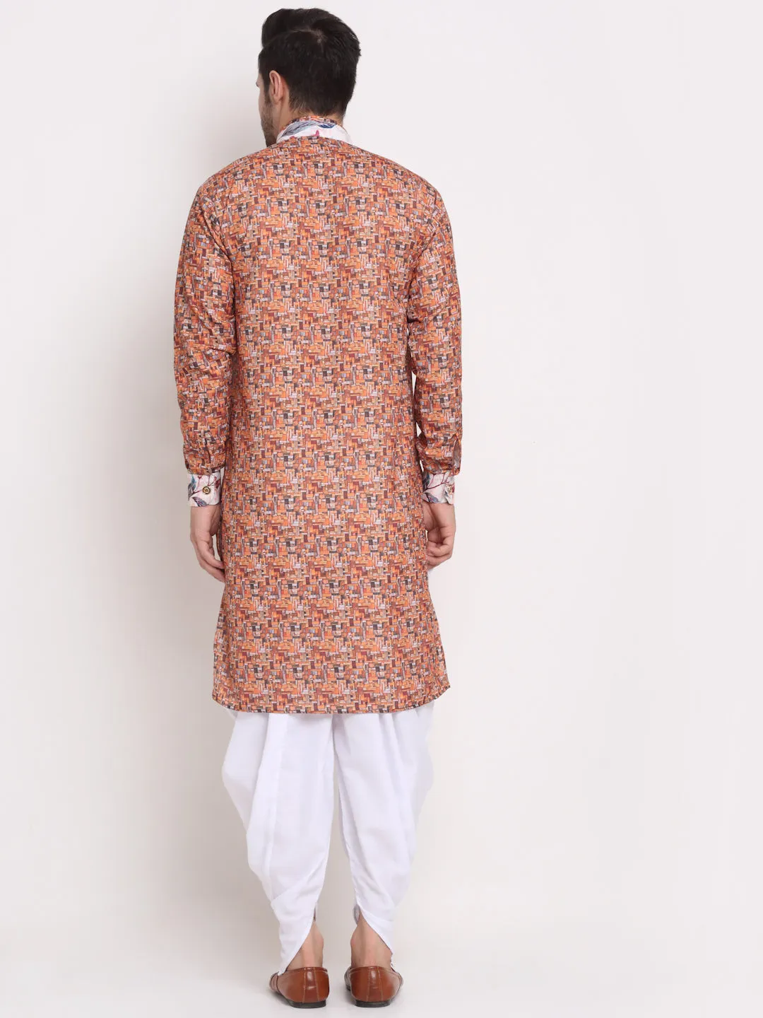 Men's Orange & Multi Printed Kurta With White Dhoti Pant - Benstoke