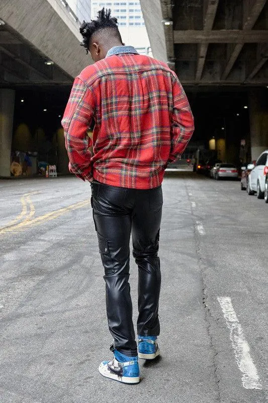 Mens Red Flannel Shacket With Denim Contrast Shirt