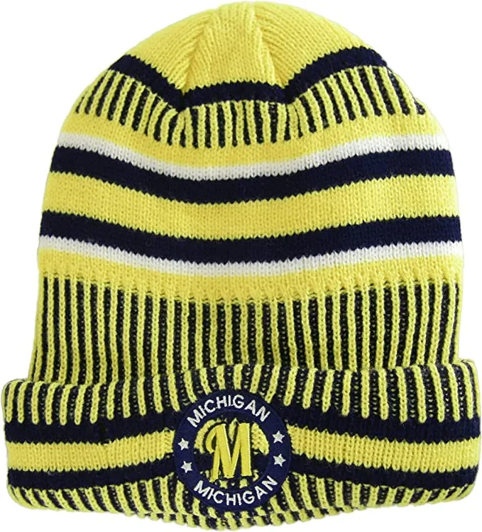 Michigan Knitted Plush Lined Varsity Cuffed Hat with Seal (Gold/Dark Blue)