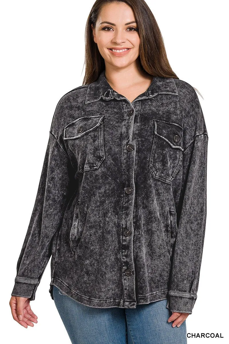 Mineral Washed Plus Shacket - Charcoal