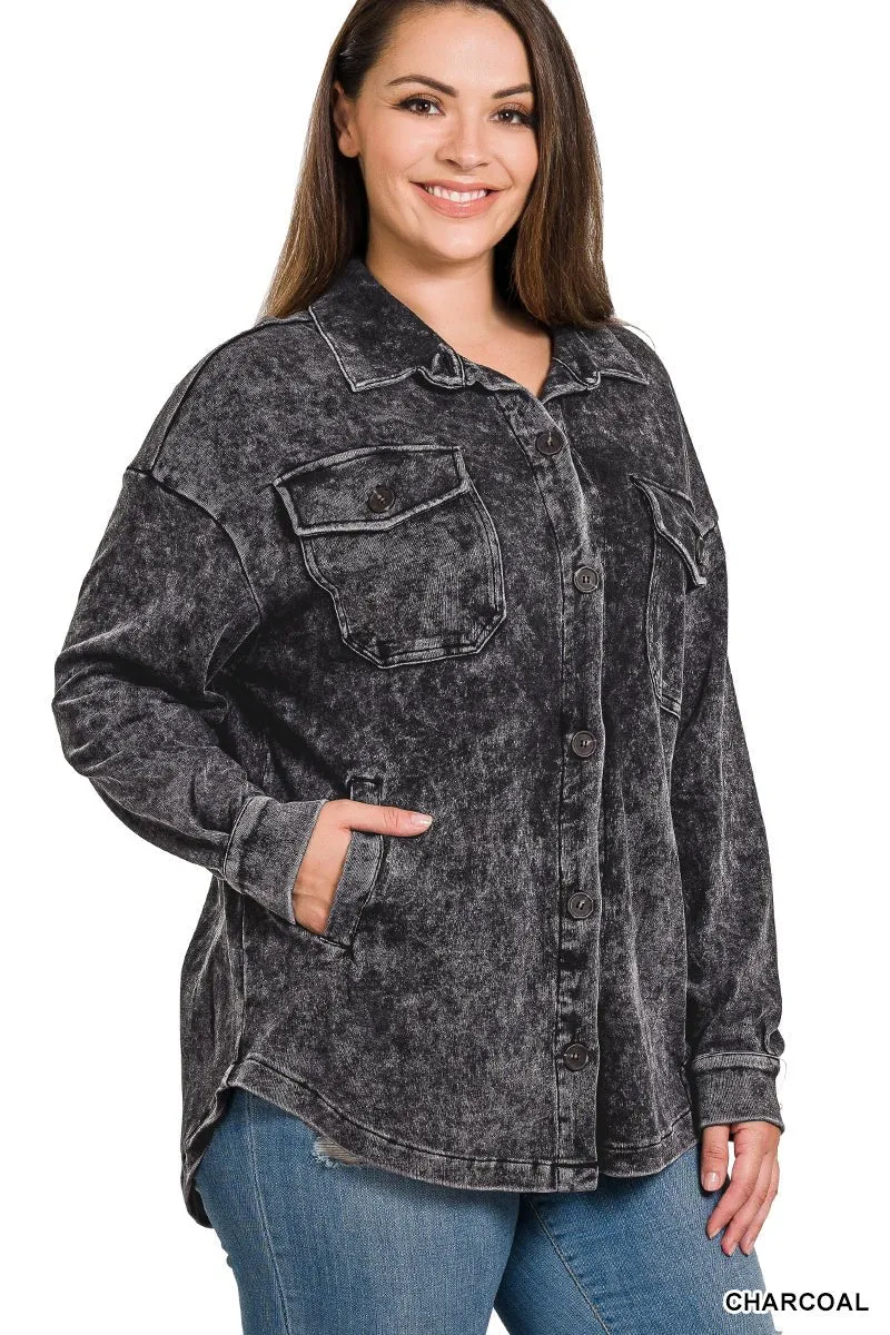 Mineral Washed Plus Shacket - Charcoal