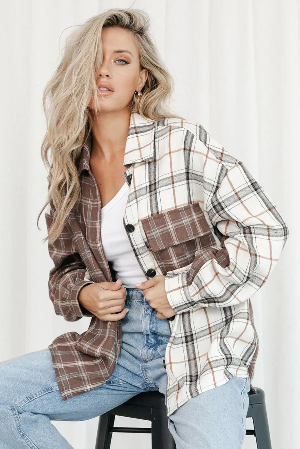 Mixed Brown Plaid Oversized Plaid Shirt Soft Shacket