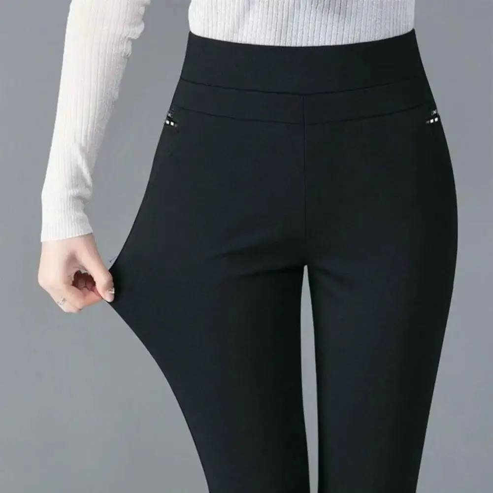 Mother Spring Pants High Waist Casual Stretch Pockets Solid Color Match Top Slim Fit Pencil Pants Women Clothing