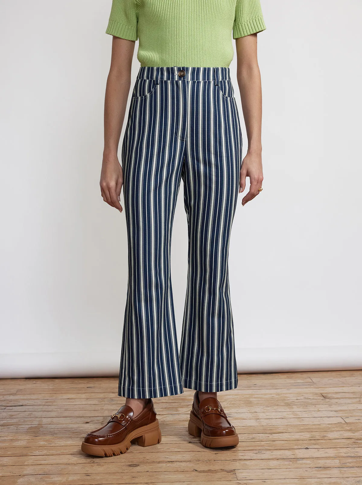 Nadia Blue Stripe Flared Cotton Canvas Trousers