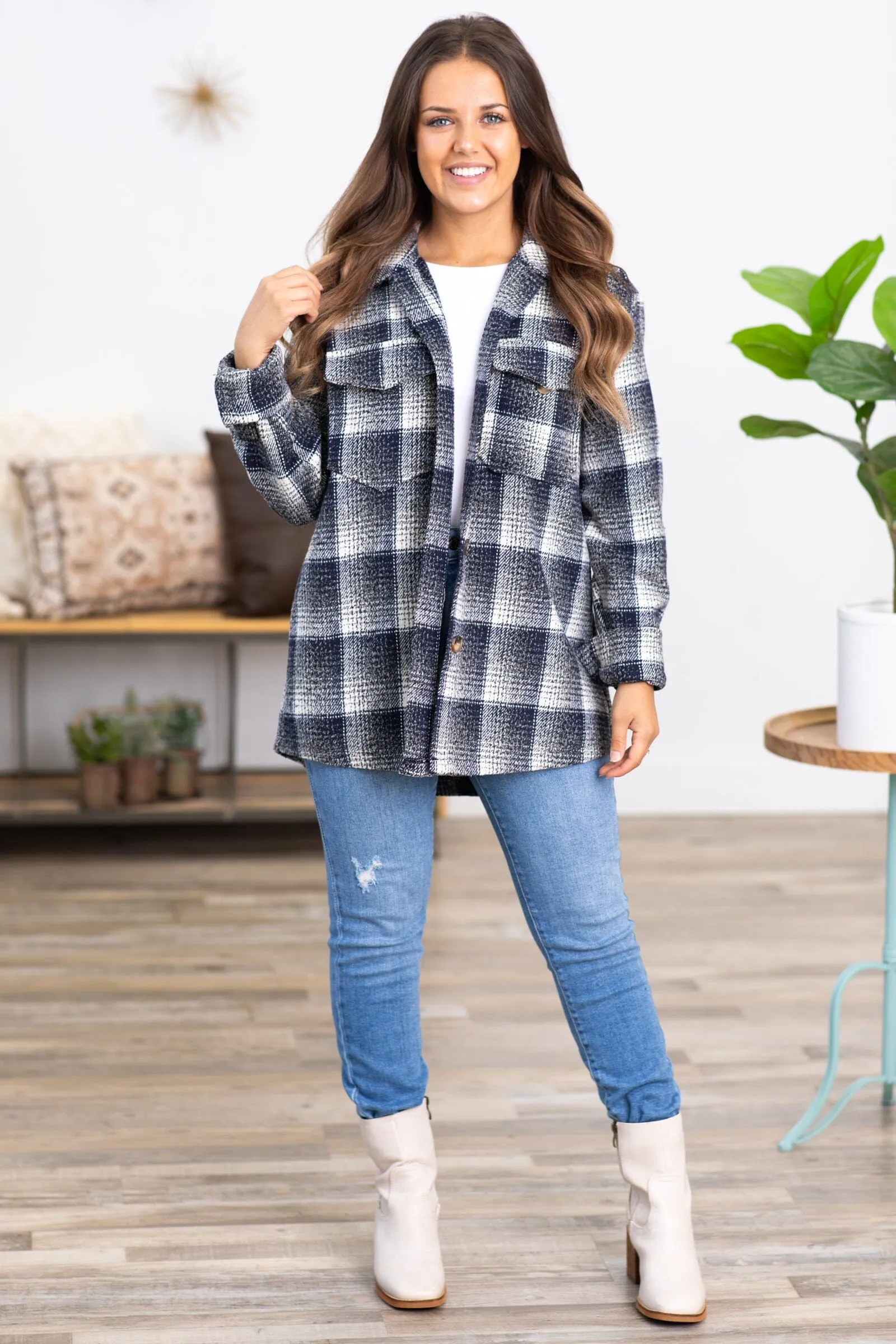 Navy and Off White Plaid Shacket