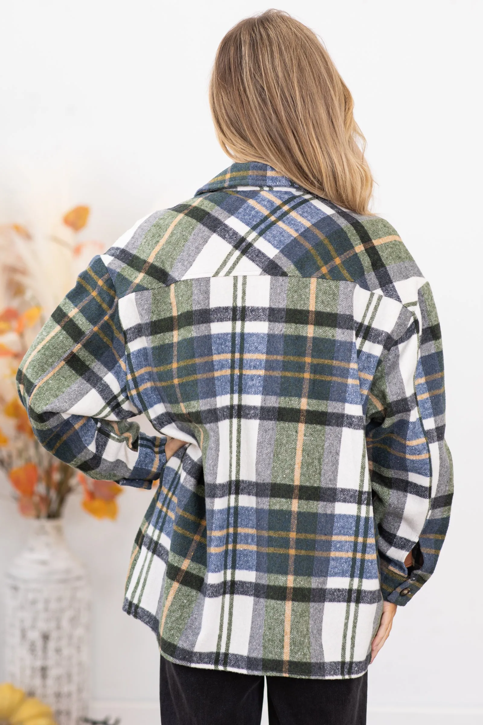 Navy and Sage Plaid Drop Shoulder Shacket