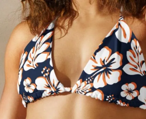 Navy Blue, Orange and White Hawaiian Flowers String Bikini Top