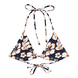 Navy Blue, Orange and White Hawaiian Flowers String Bikini Top