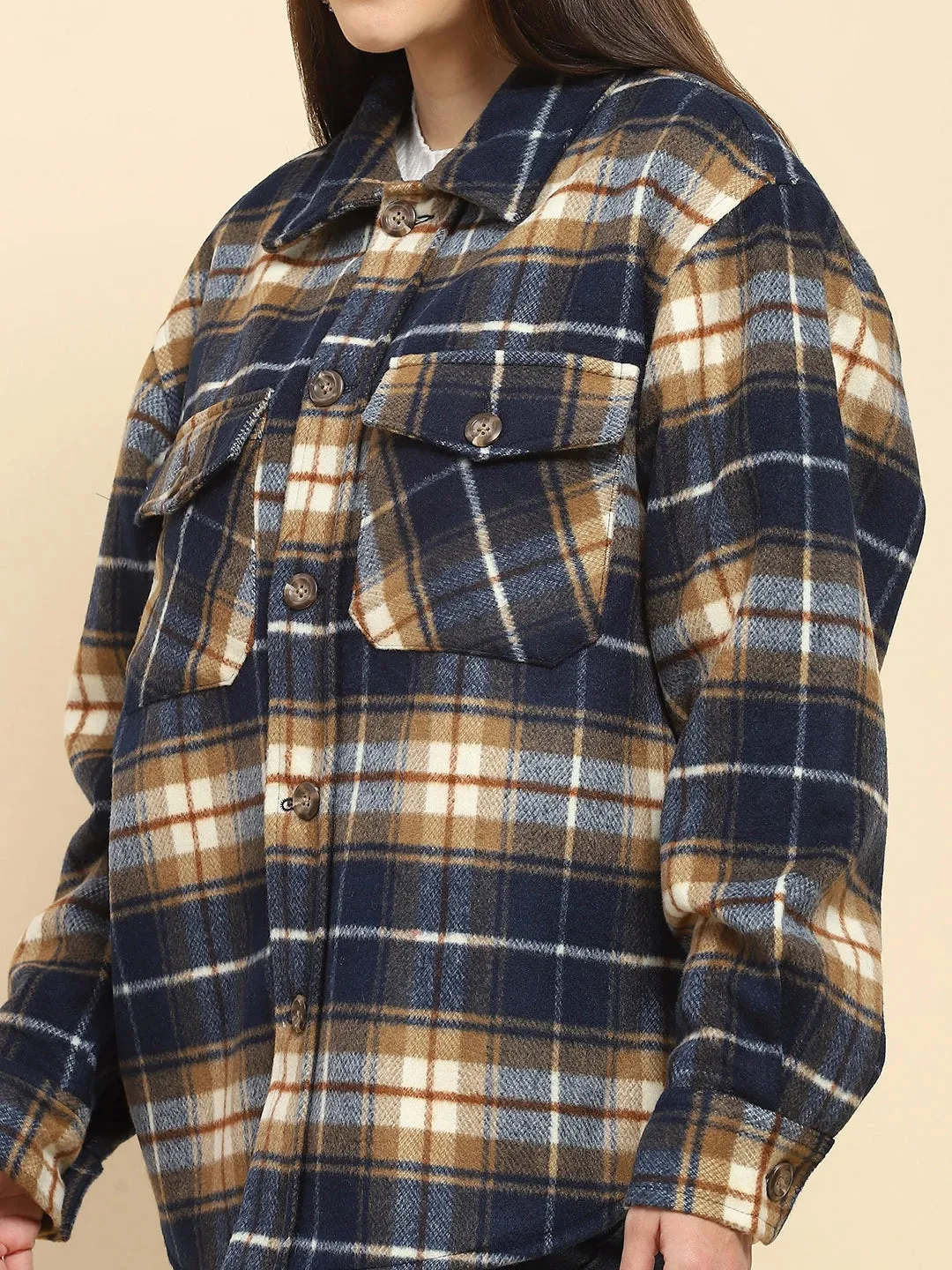 Navy Blue Poly Blend Checkered Oversized Shacket For Winter