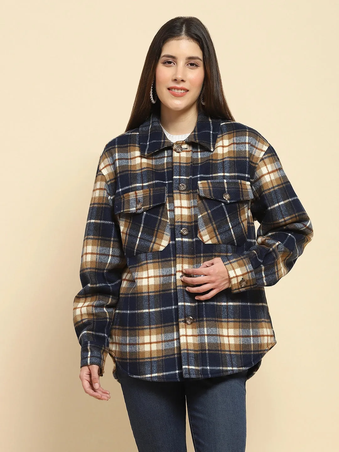 Navy Blue Poly Blend Checkered Oversized Shacket For Winter