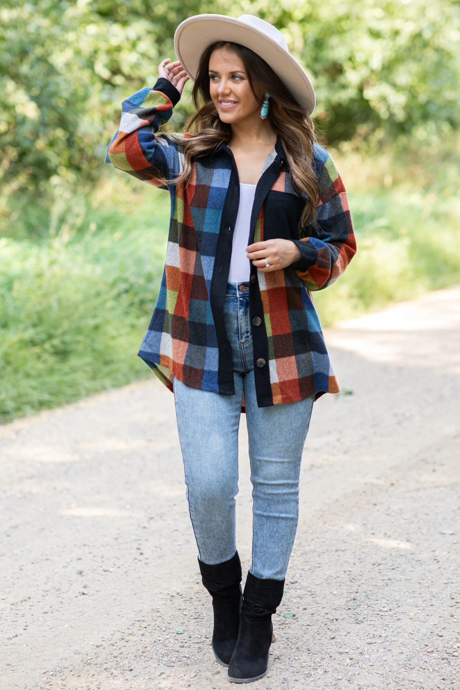 Navy Multicolor Plaid Knit Lightweight Shacket