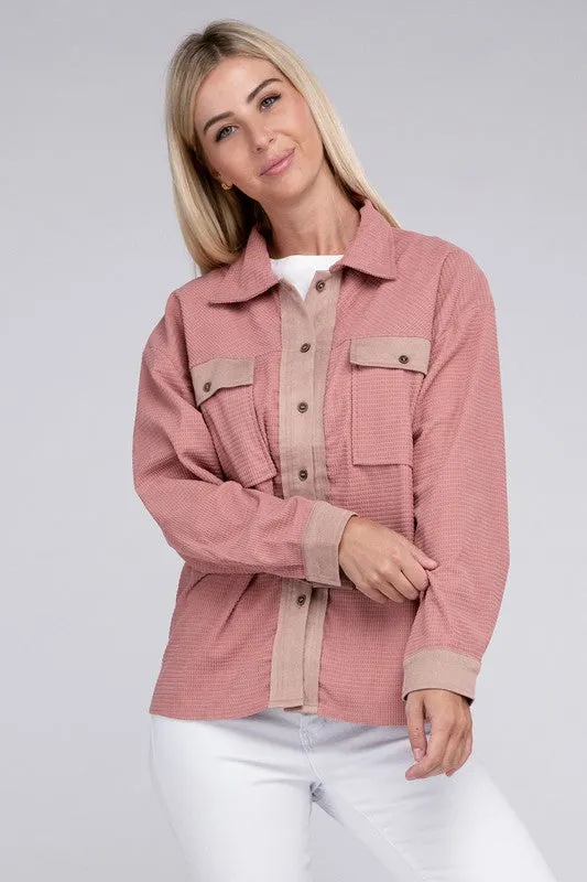 NUVI APPAREL Two-Tone Pink Flap Pocket Shacket